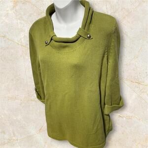 Green cottagecore cowl neck sweater with button details, oversized